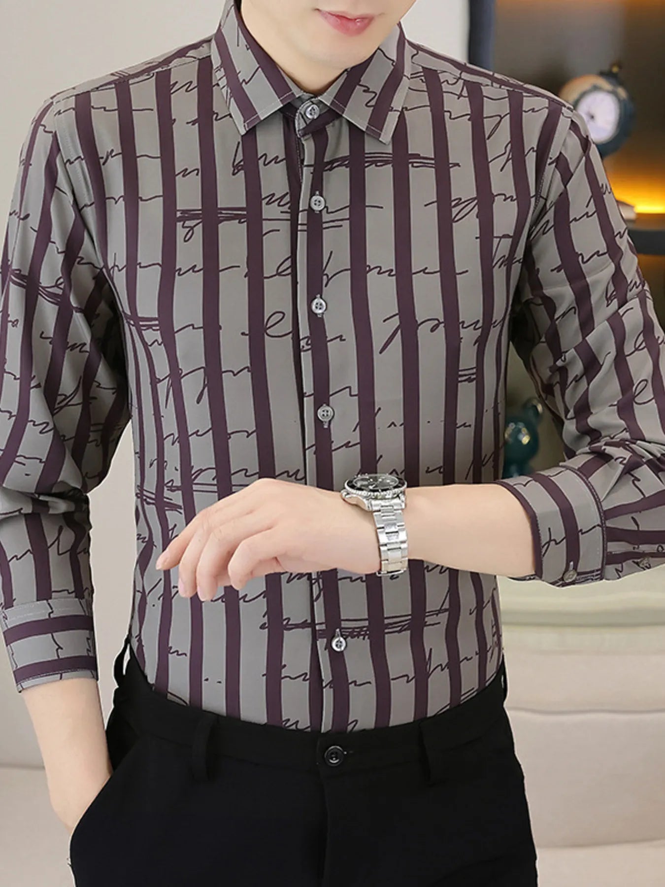Men's Plus Size Striped Button Up Long Sleeve Shirt - DevilShop