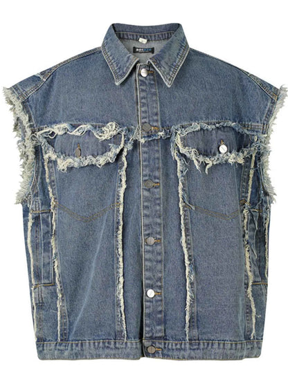 Veste en jean sans manches à boutonnage et ourlet brut - DevilShop