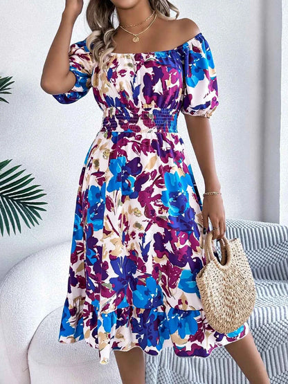 Ruffled Hem Smocked Floral Short Sleeve Midi Dress - DevilShop