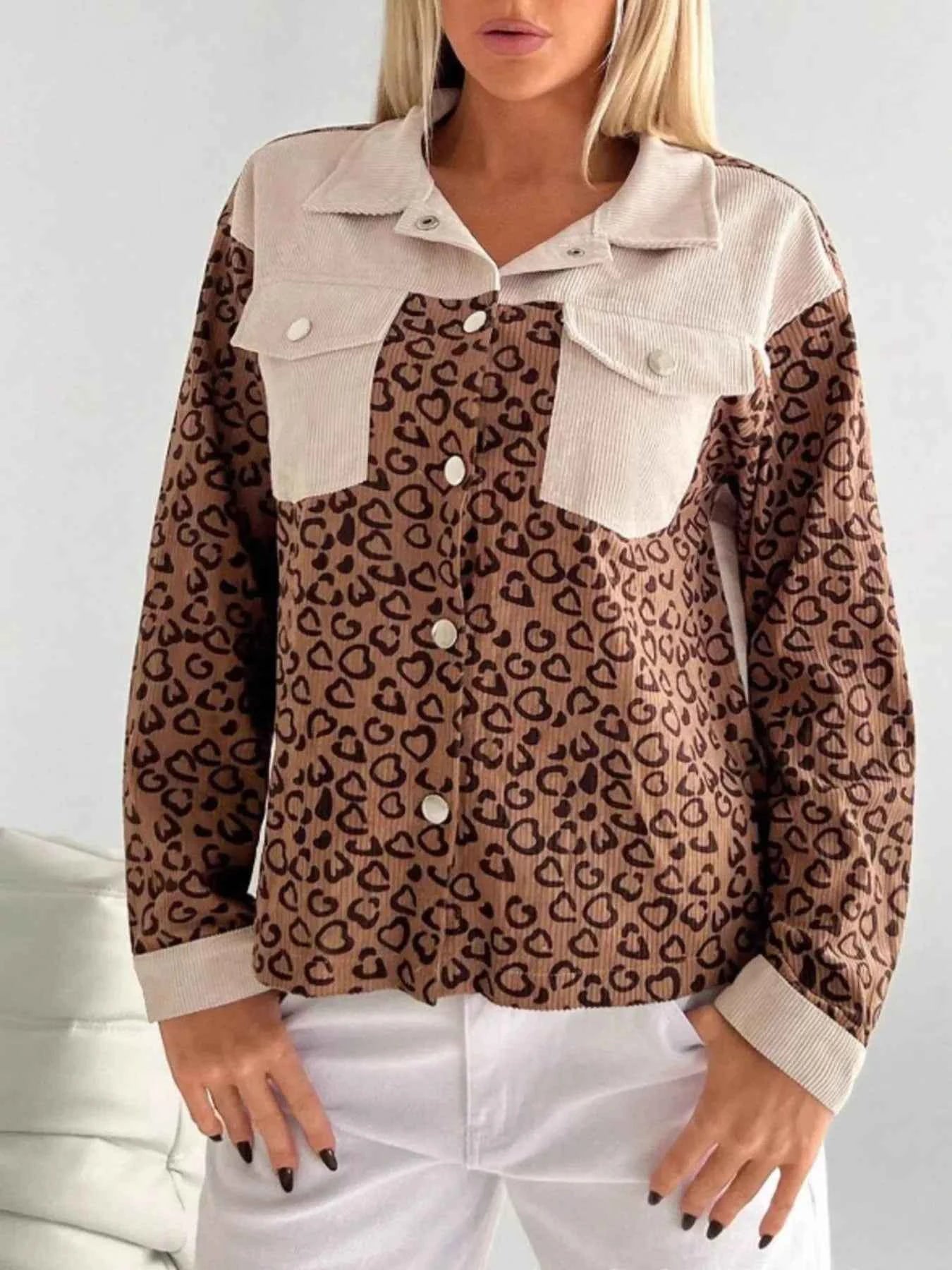 Leopard Long Sleeve Jacket with Chest Pockets - DevilShop