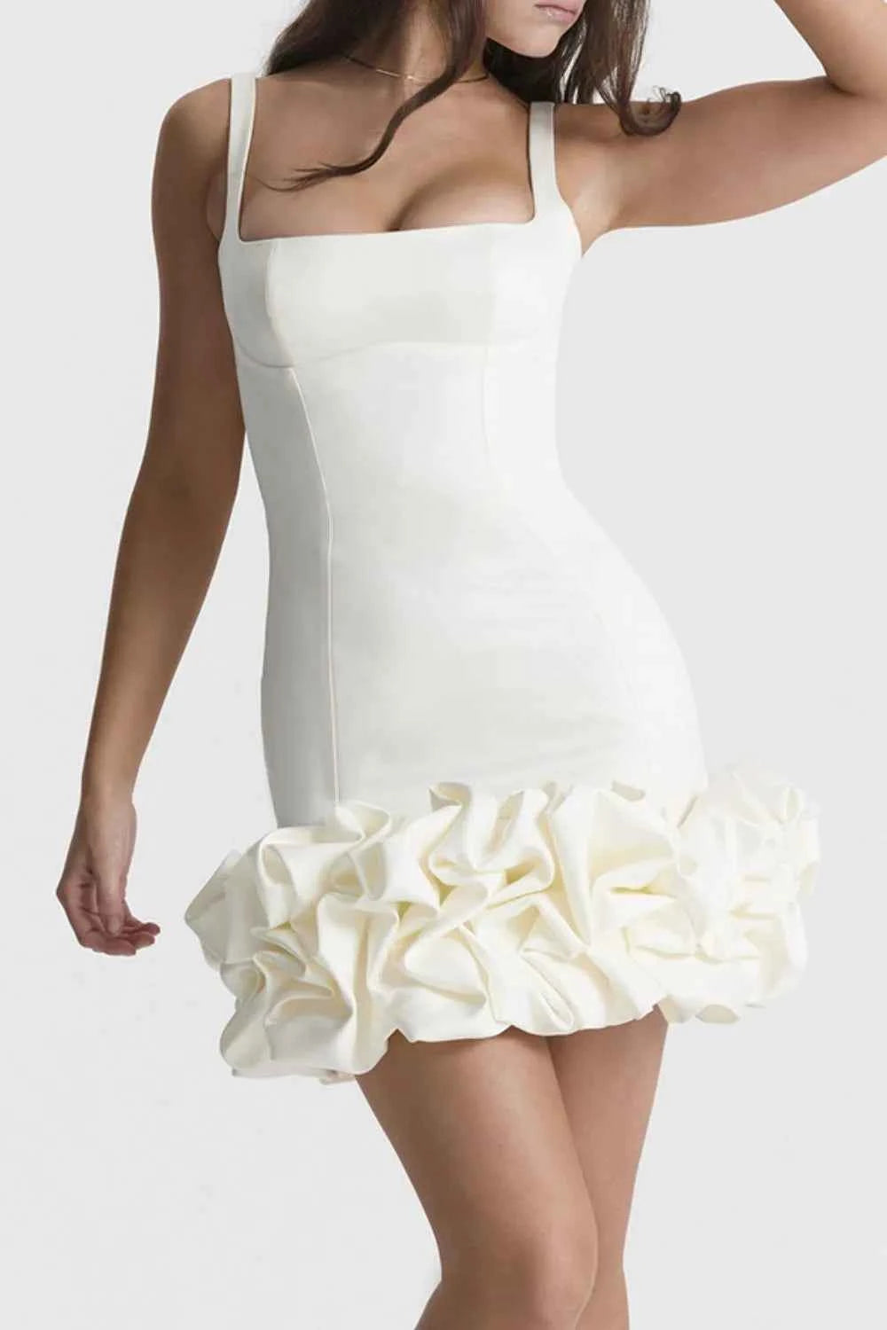 Ruched Square Neck Sleeve Mini Dress - DevilShop