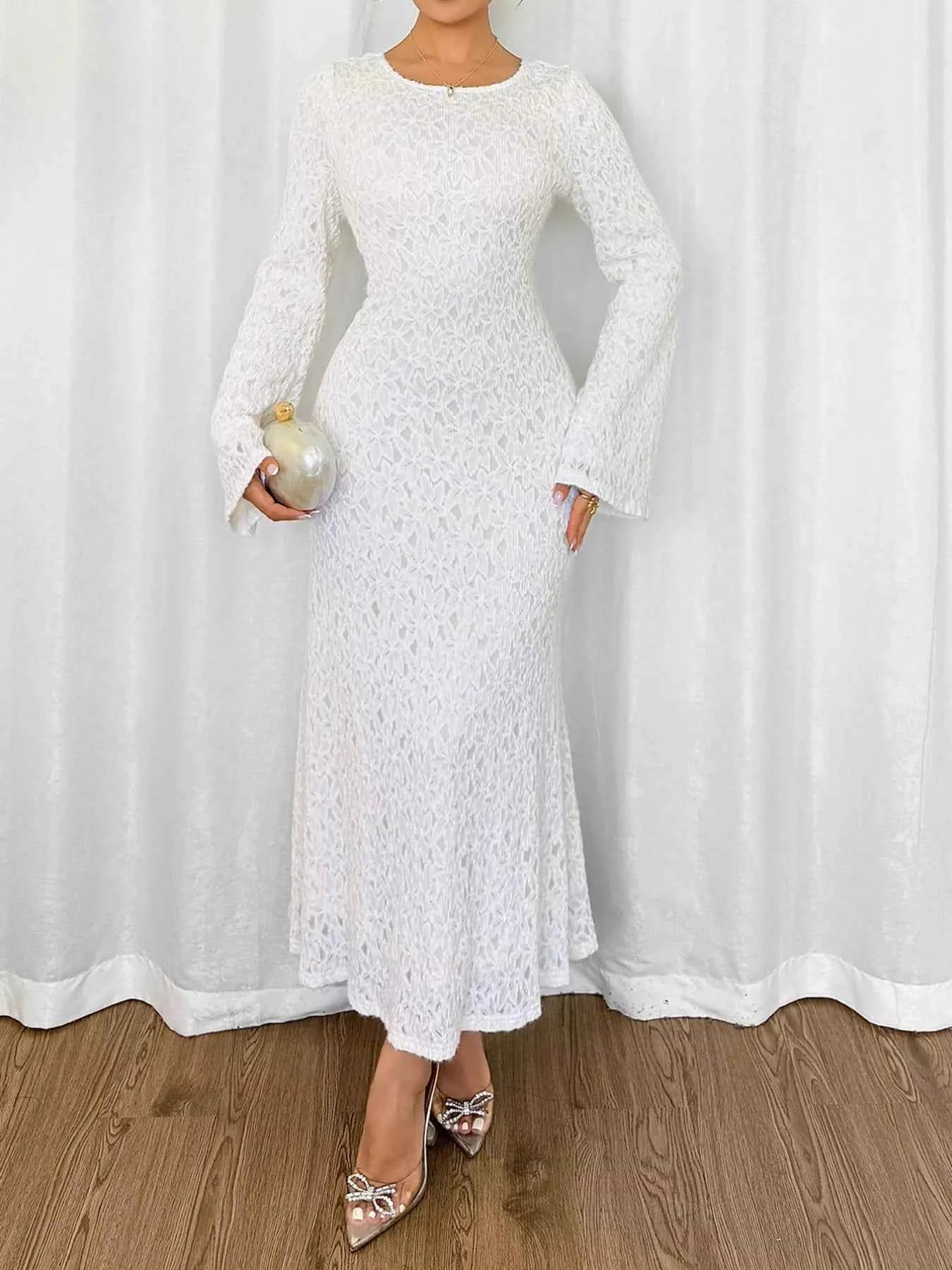 Lace Round Neck Flare Sleeve Dress