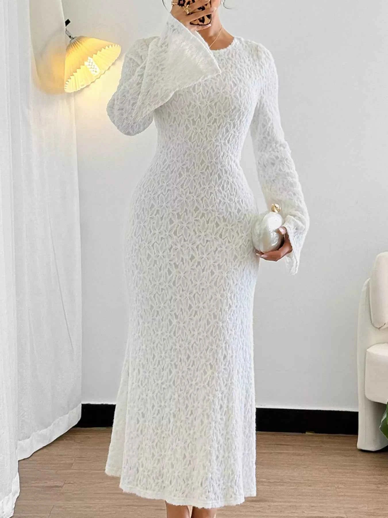 Lace Round Neck Flare Sleeve Dress