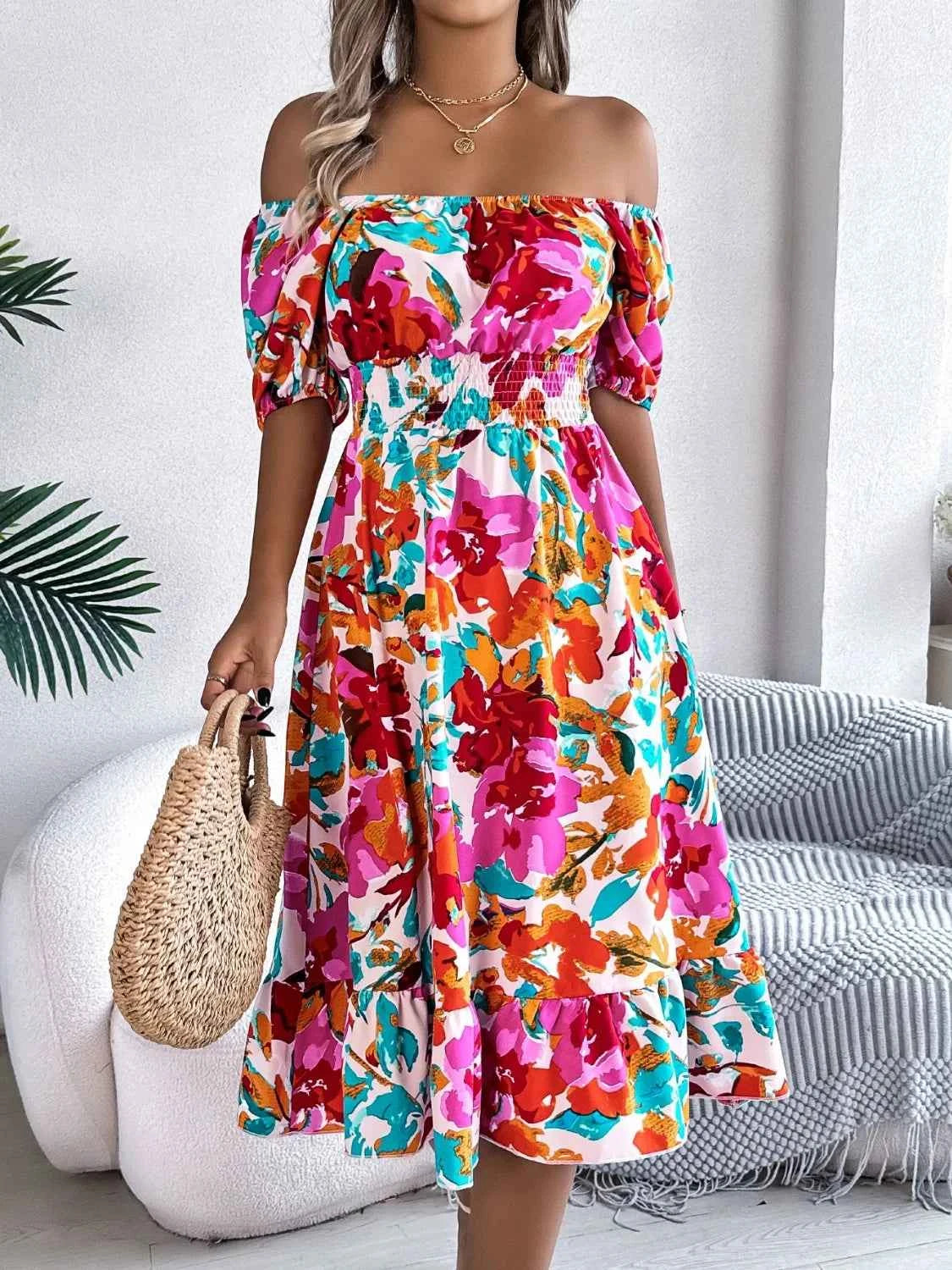 Ruffled Hem Smocked Floral Short Sleeve Midi Dress - DevilShop