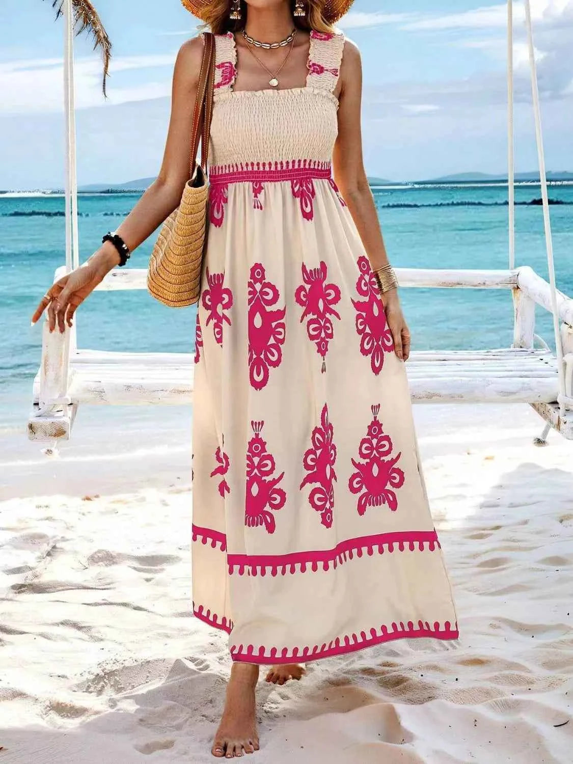 Smocked Printed Wide Strap Maxi Dress - DevilShop