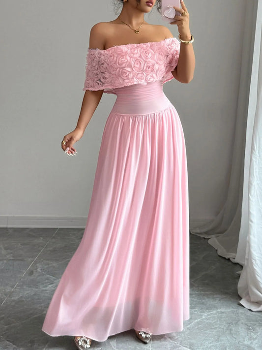 Off-Shoulder Rose Embellished Maxi Dress - DevilShop