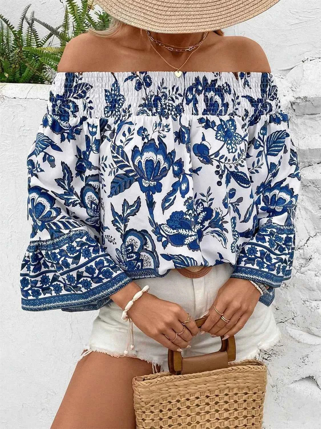 Smocked Printed Off-Shoulder Blouse - DevilShop