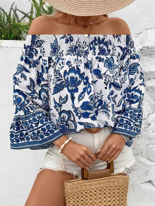 Smocked Printed Off-Shoulder Blouse - DevilShop