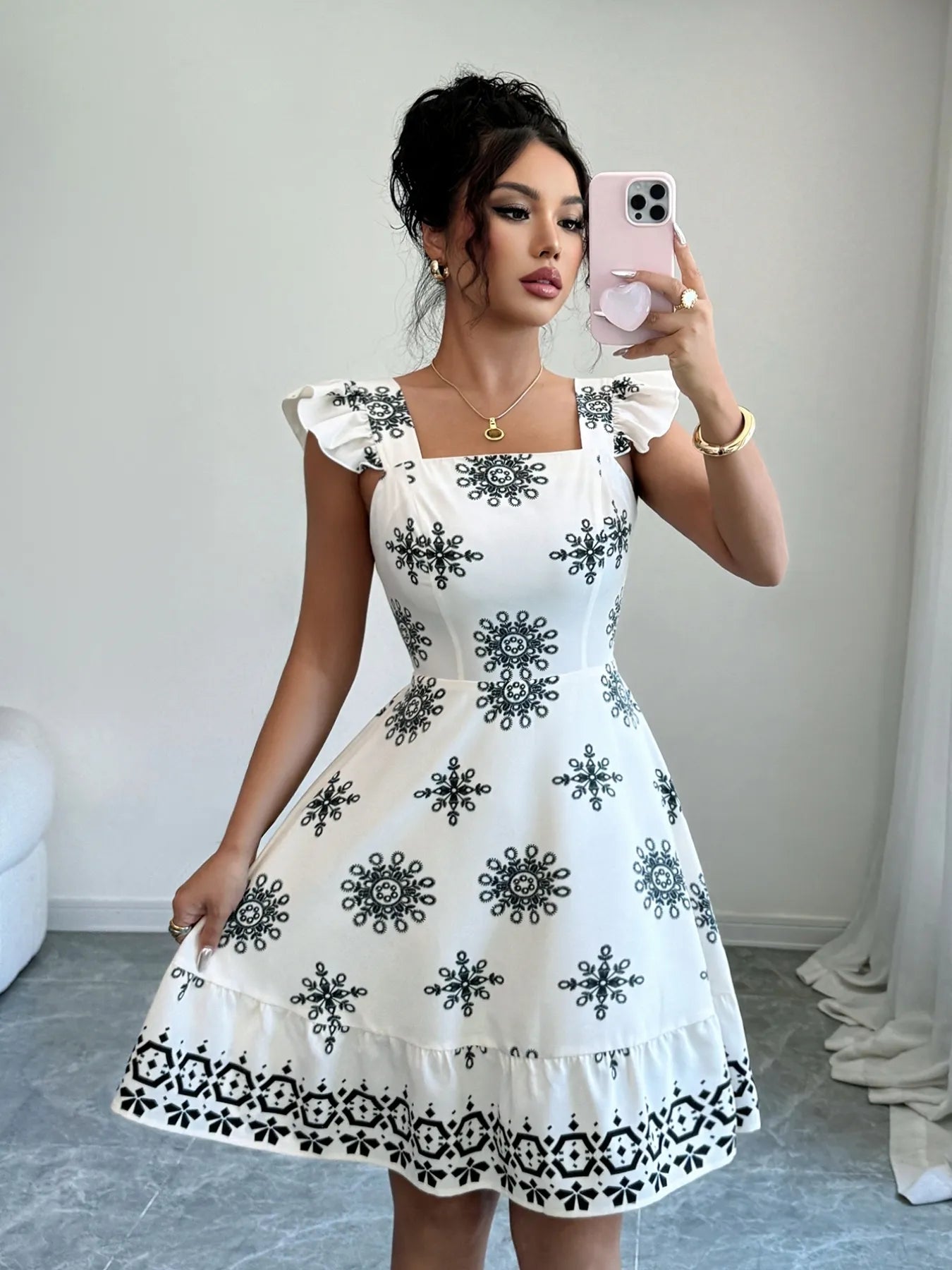 Printed Ruffled Cap Sleeve Dress - DevilShop