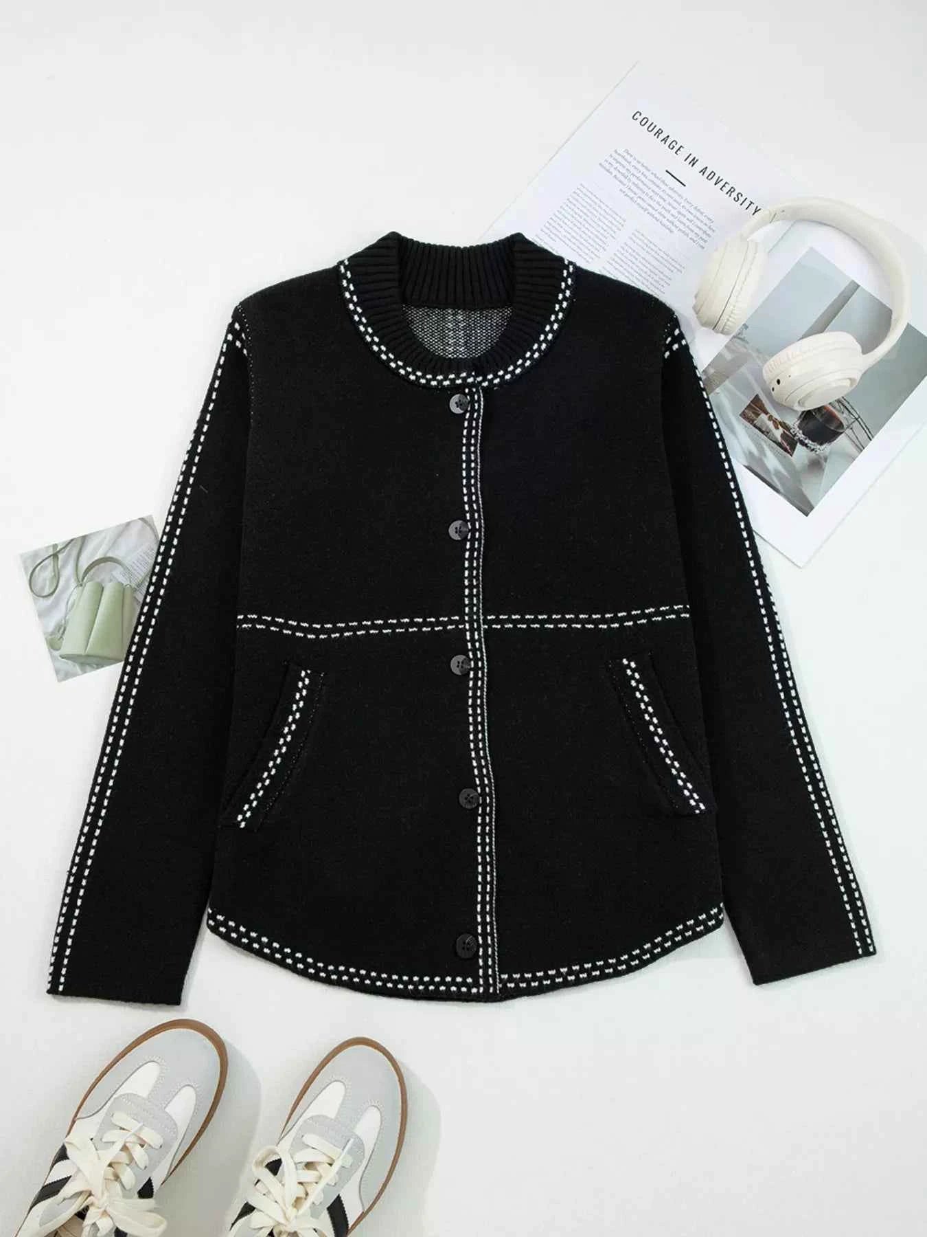 Contrast Trim Button up Sweater Cardigan