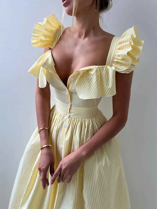 Robe à volants et à rayures, col carré - DevilShop