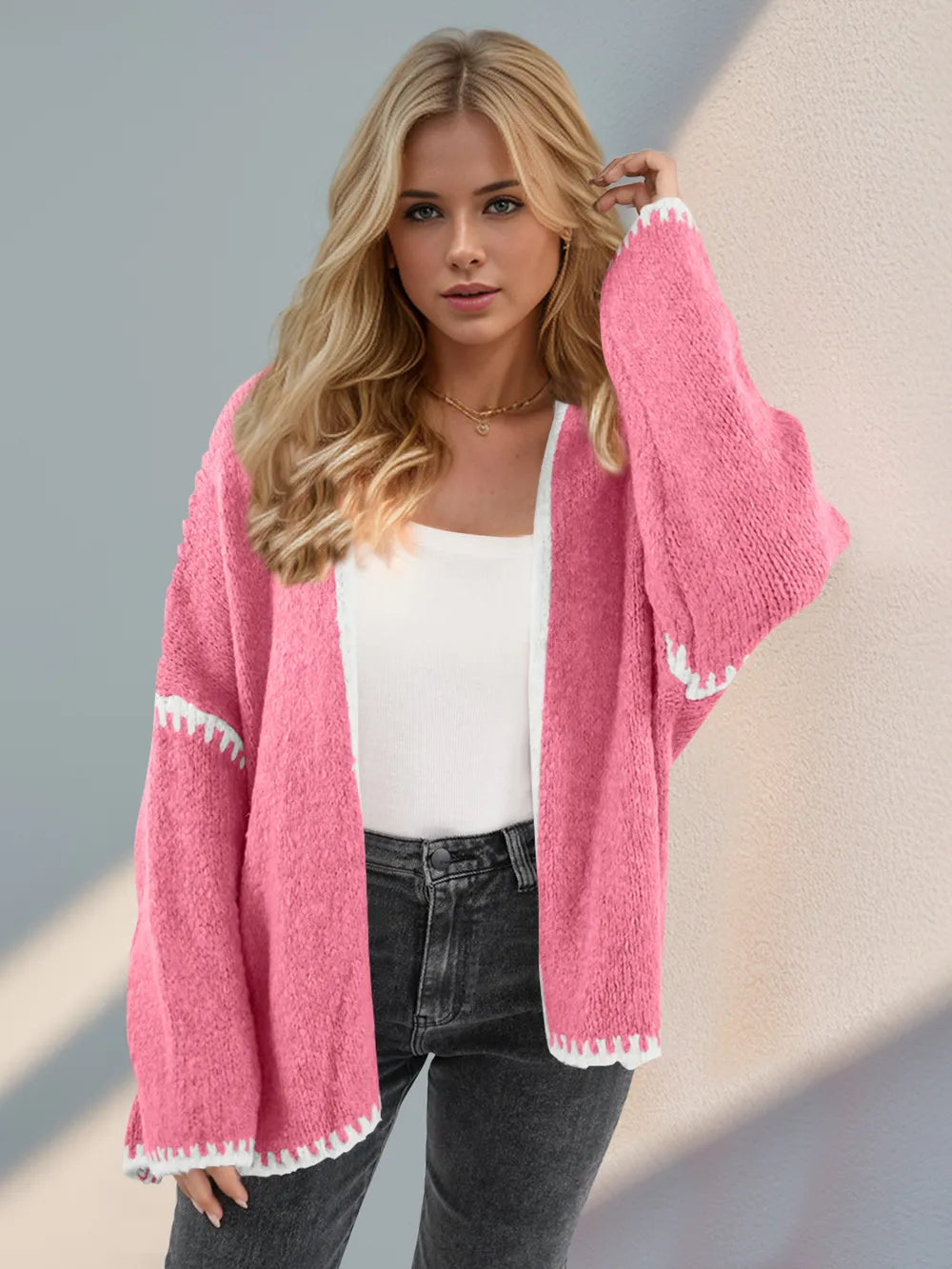 Double Take Contrast Open Front Dropped Shoulder Cardigan - DevilShop
