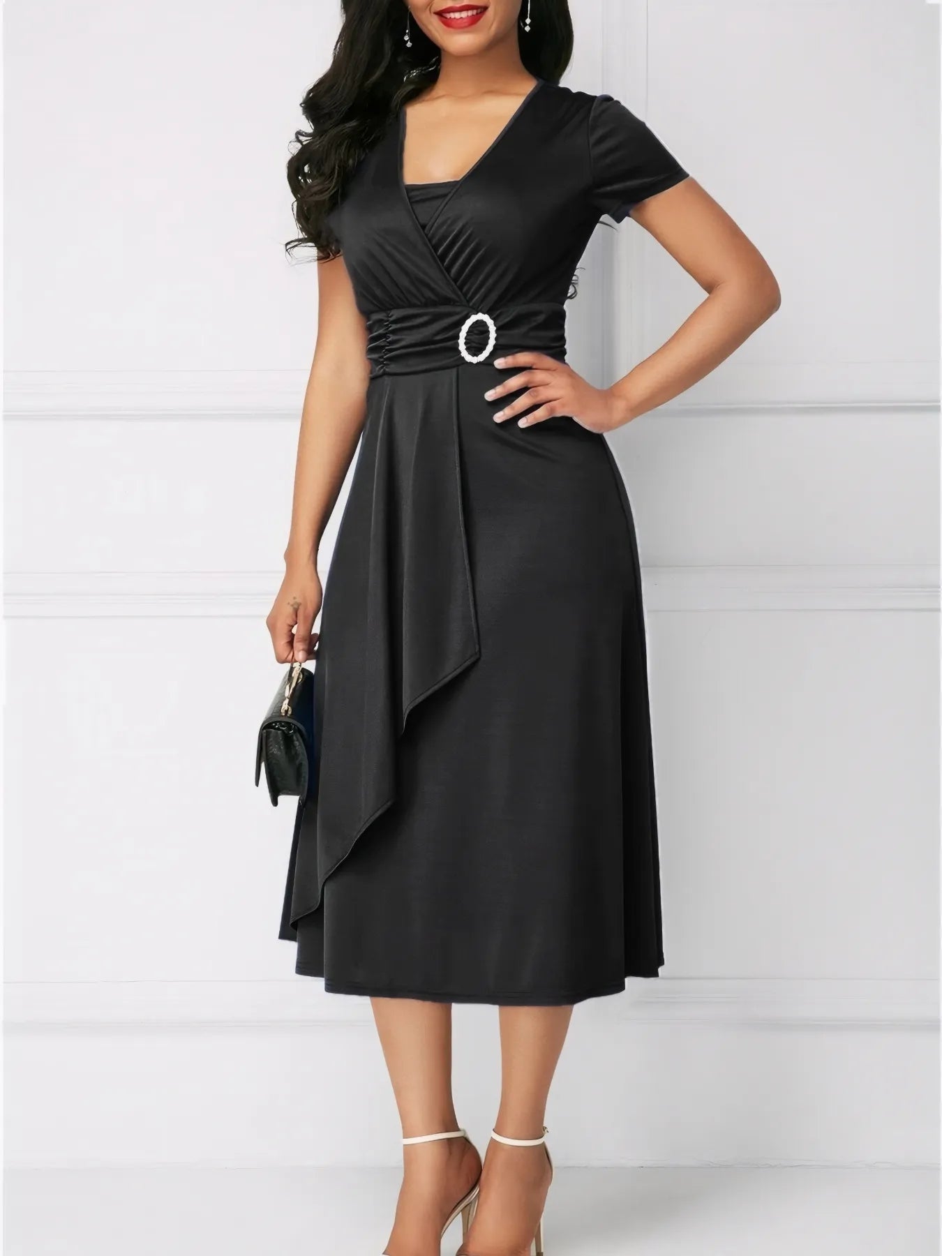 Short Sleeve Midi Wrap Dress with Belt Detail - DevilShop