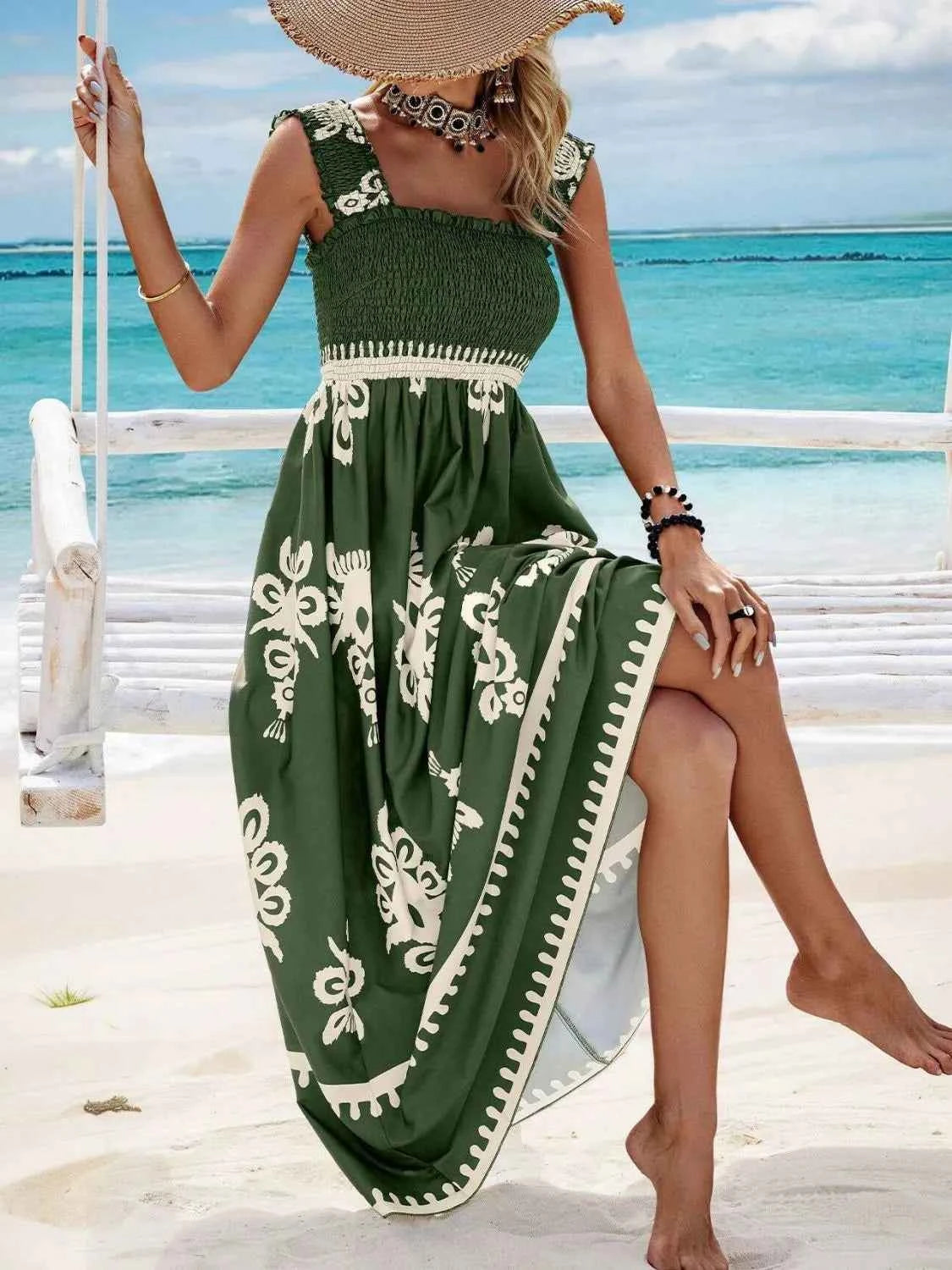 Smocked Printed Wide Strap Maxi Dress - DevilShop