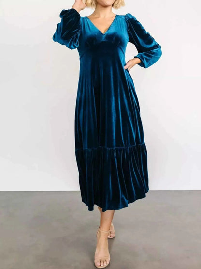 Velvet Tiered Long Sleeve Midi Dress