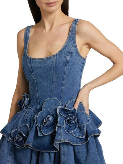 Robe en jean à volants et col rond superposés - DevilShop