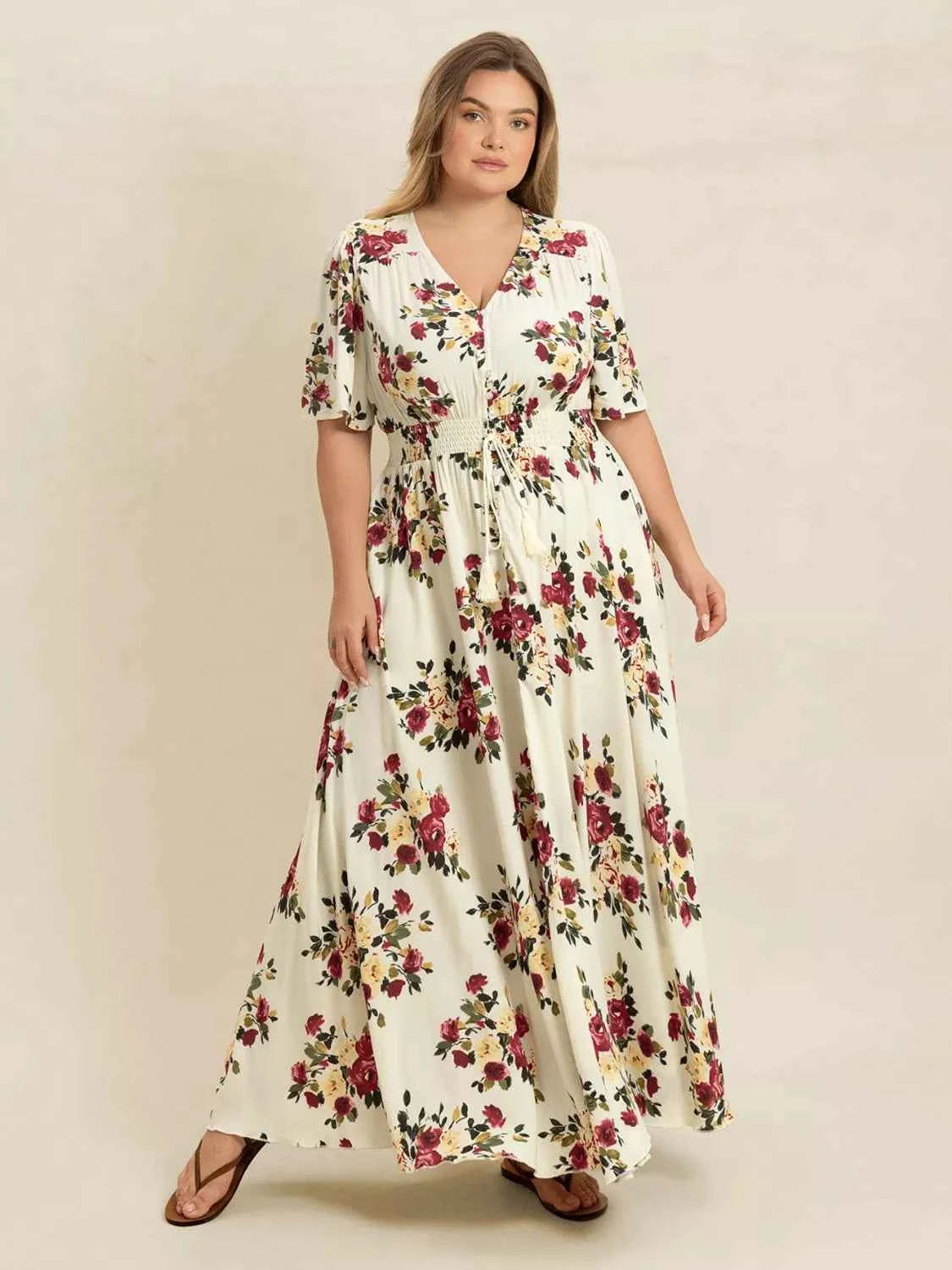 Plus Size Floral Flutter Sleeve Maxi Dress with Button Front