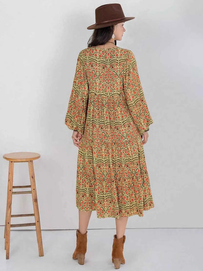 Floral Tiered Midi Dress with Balloon Sleeves