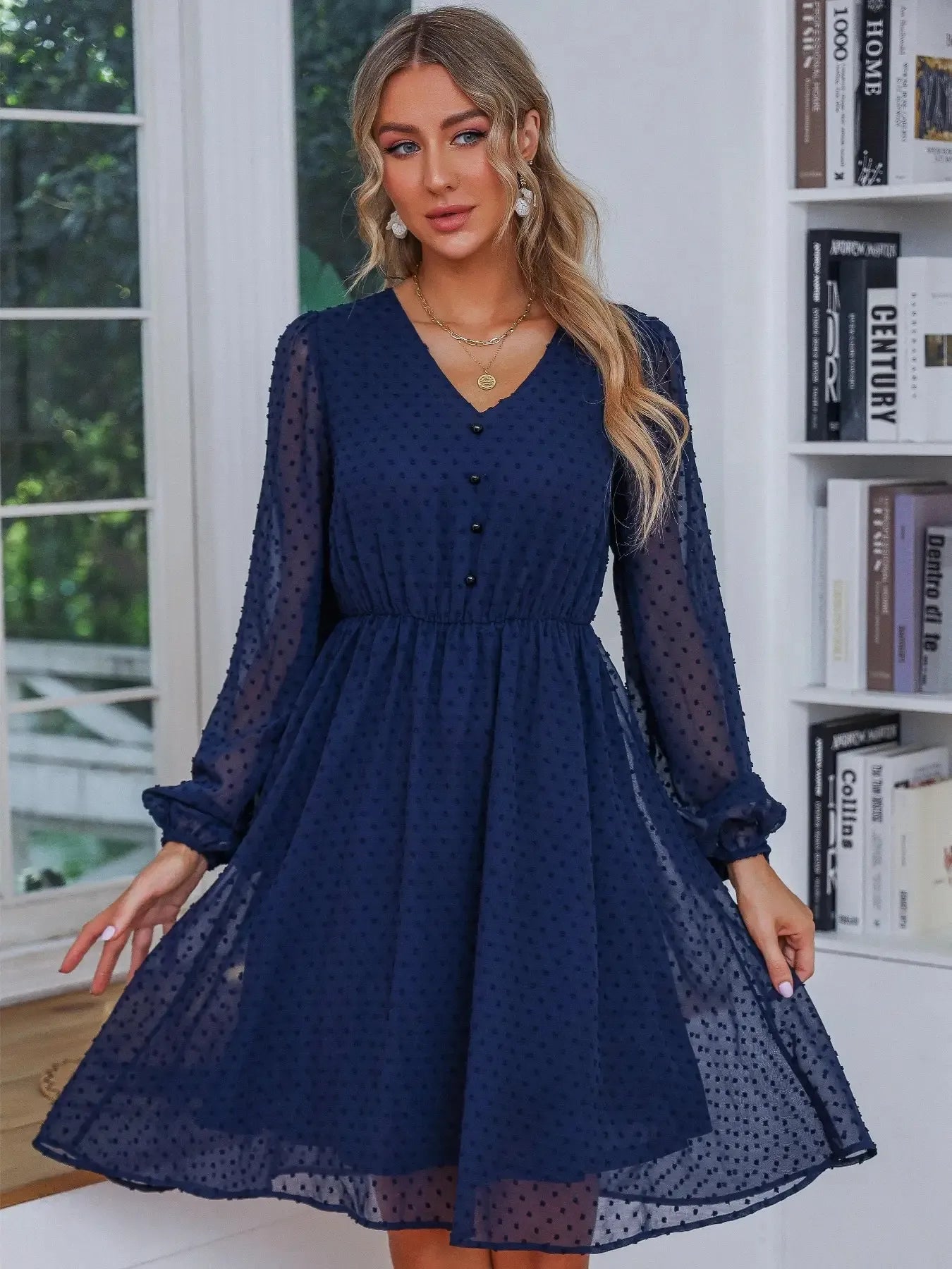 Swiss Dot V-Neck Balloon Sleeve Dress - DevilShop