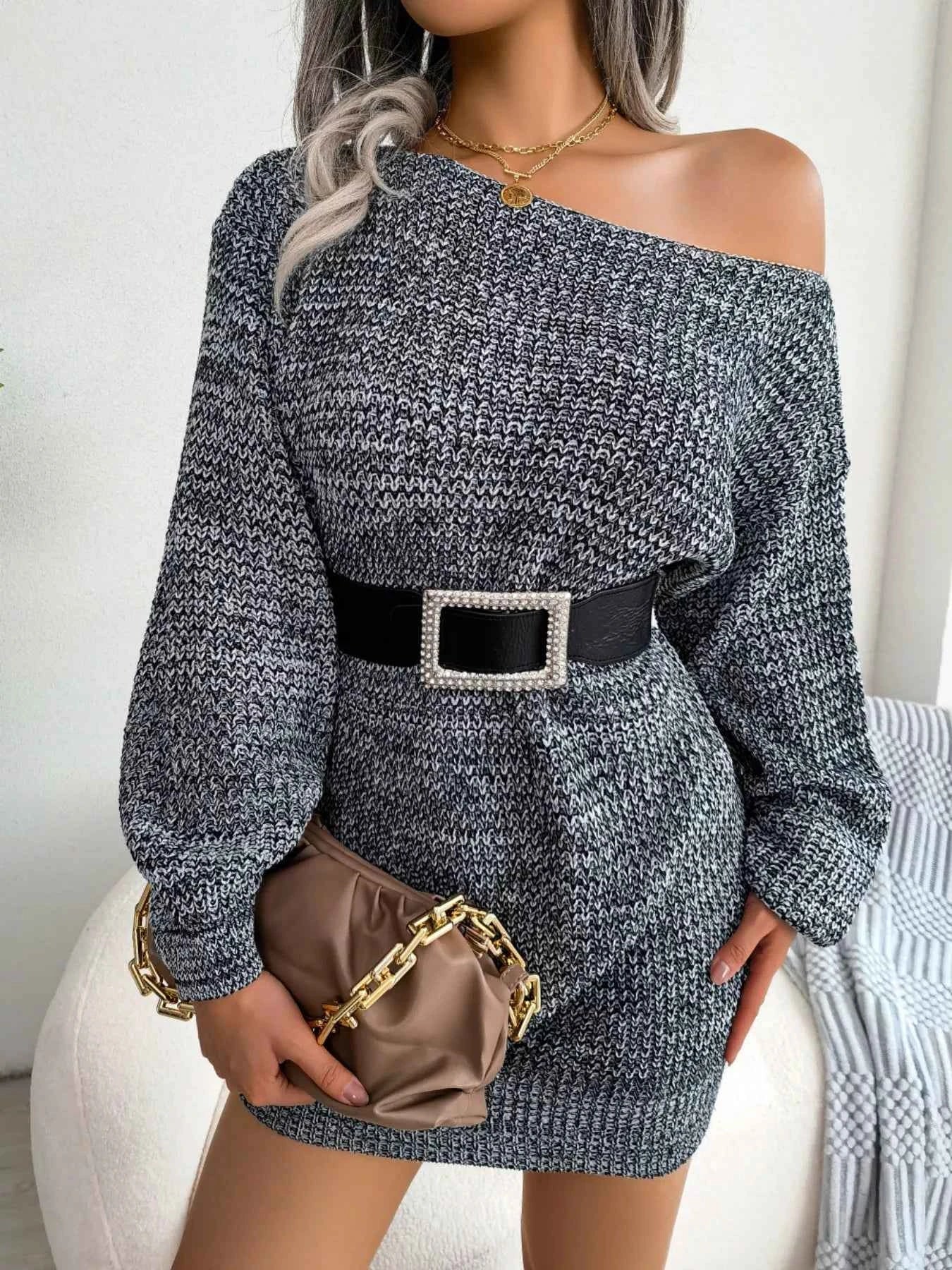 Multi-Color One-Shoulder Sweater Dress