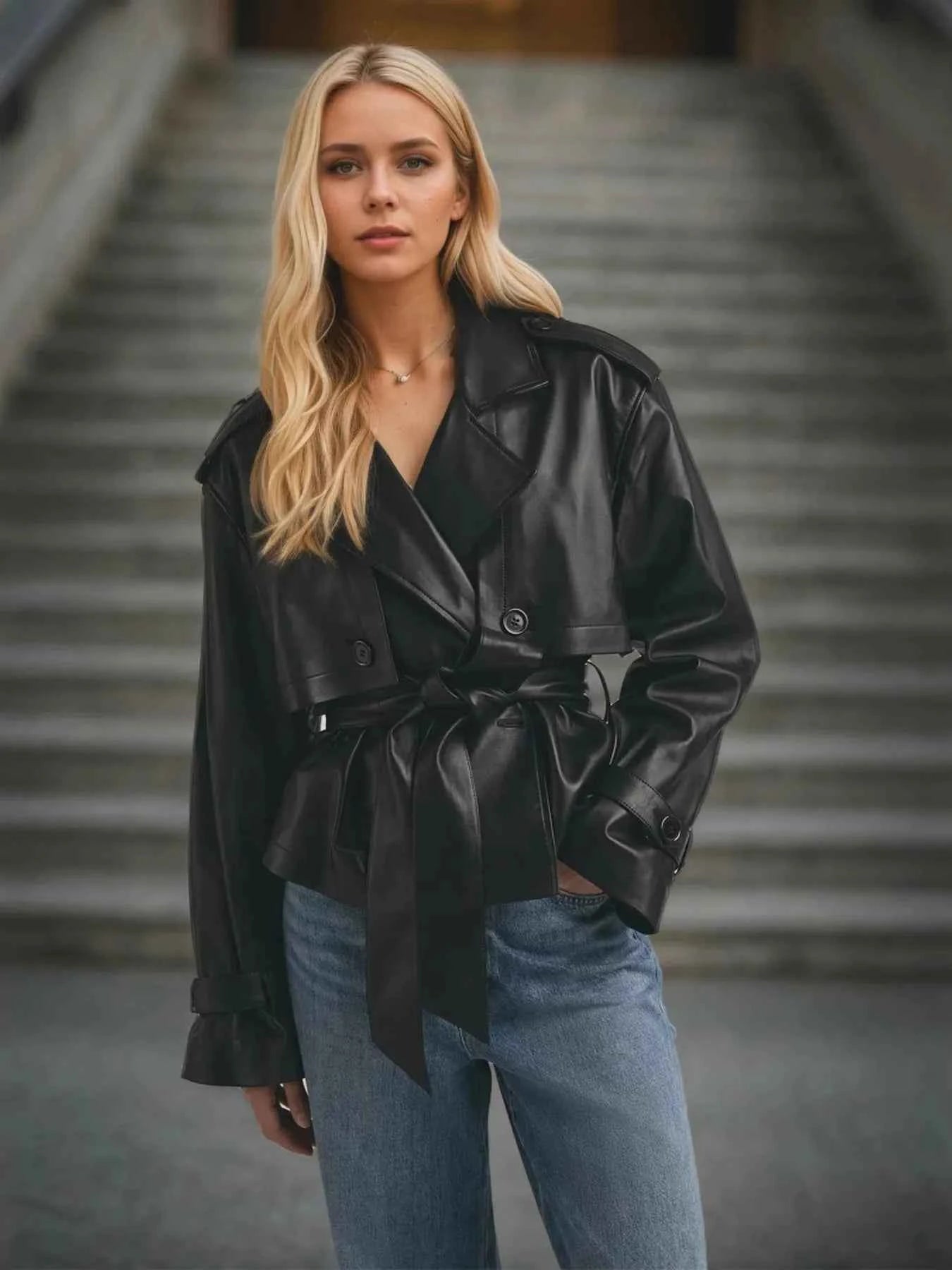 Trench-coat cuir ceinturé pour un style élégant et moderne - DevilShop