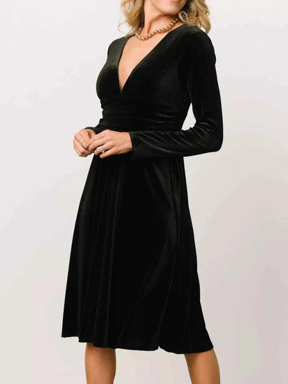 Velvet Deep V-Neck Long Sleeve Dress