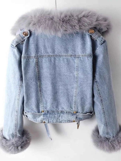 Full Size Faux Fur Collar Denim Jacket Plus Size