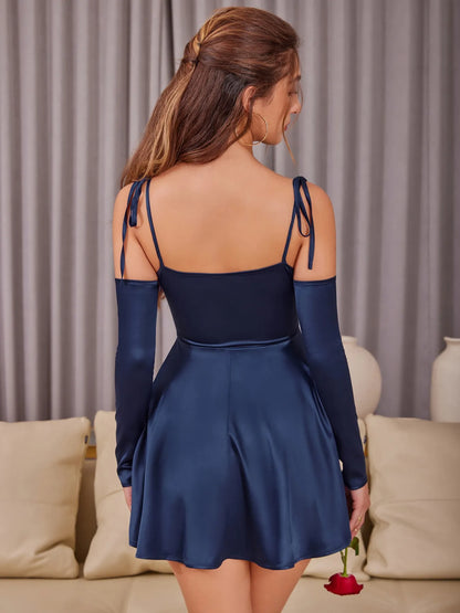 Asymmetrical Ruffle Hem Tie Shoulder Mini Dress - DevilShop