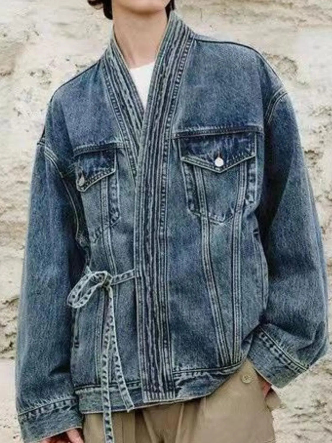Men's Plus Size Washed Tied Long Sleeve Denim Jacket - DevilShop