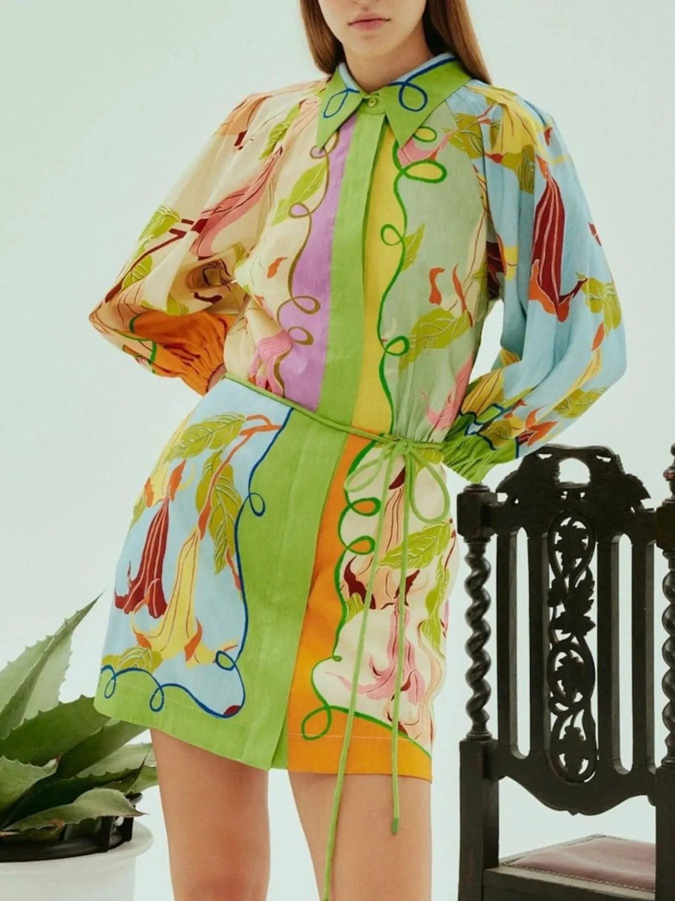Abstract Print Tie Front Mini Shirt Dress with Pockets - DevilShop