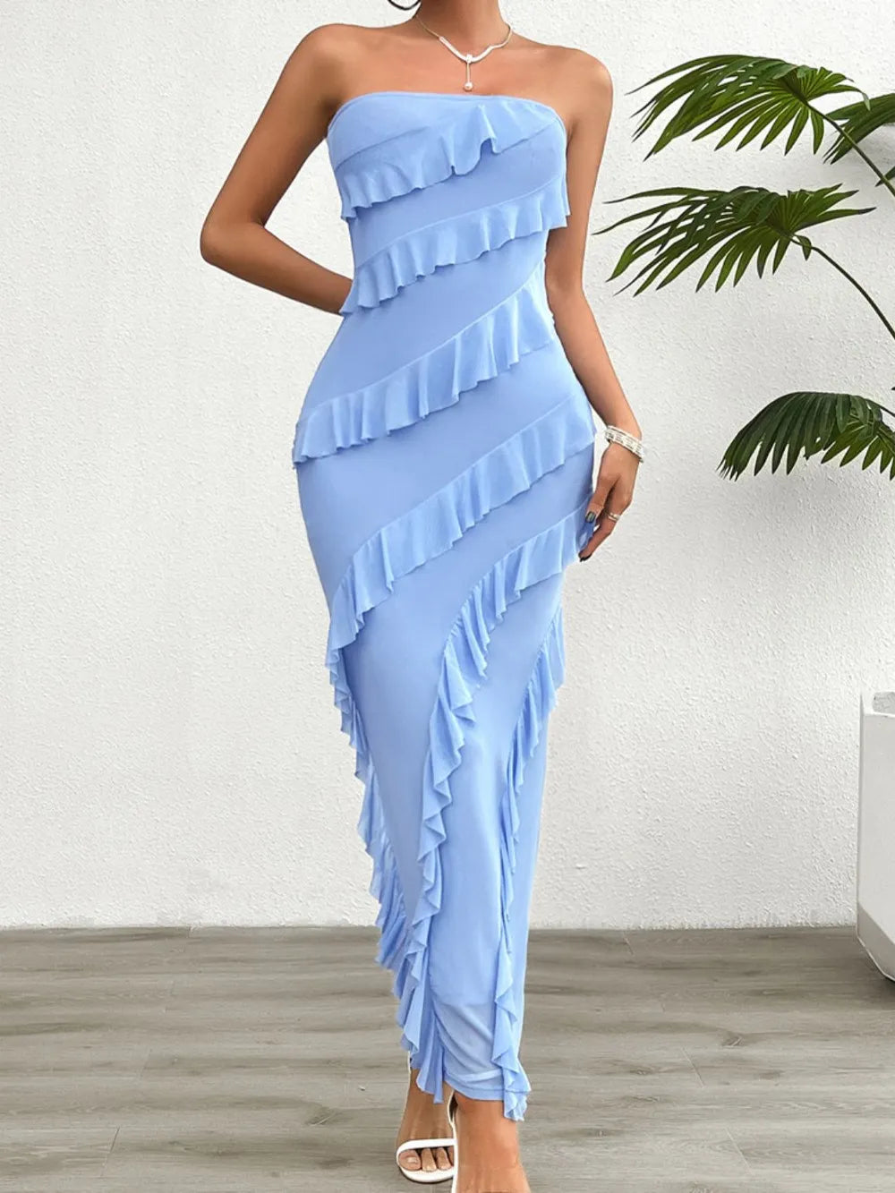 Devine Ruffled Slit Back Tube Maxi Dress - DevilShop