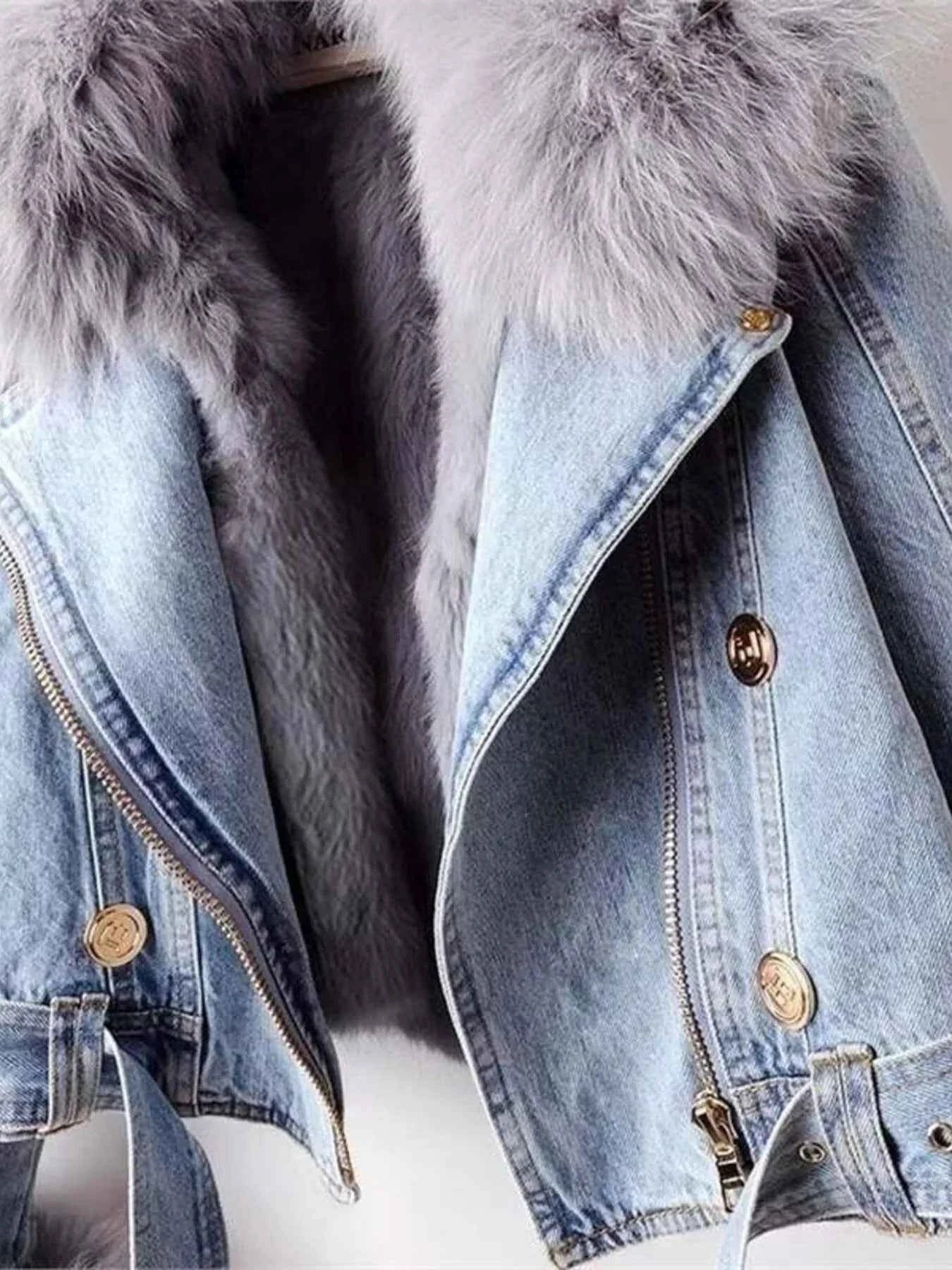 Full Size Faux Fur Collar Denim Jacket Plus Size