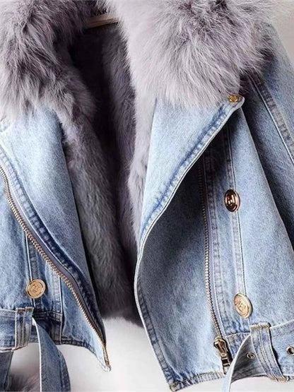 Full Size Faux Fur Collar Denim Jacket Plus Size