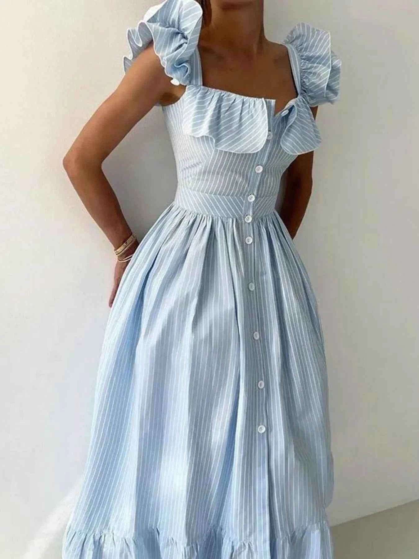 Robe à volants et à rayures, col carré - DevilShop