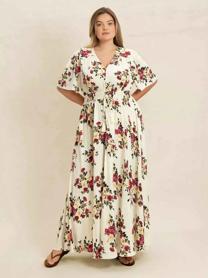 Plus Size Floral Flutter Sleeve Maxi Dress with Button Front