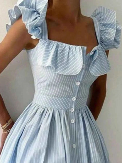 Robe à volants et à rayures, col carré - DevilShop