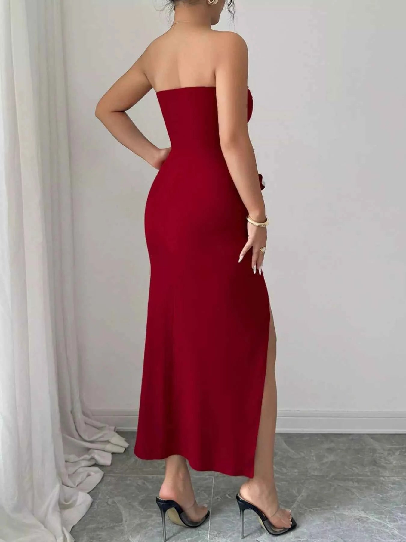 Front Split Strapless Dress with Floral Detail