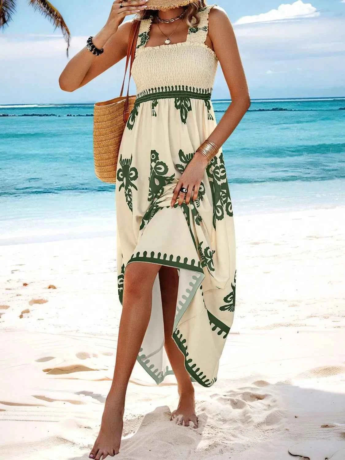 Smocked Printed Wide Strap Maxi Dress - DevilShop
