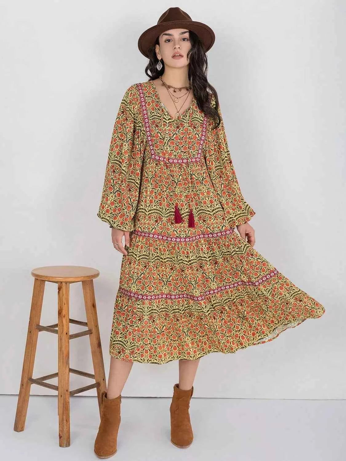 Floral Tiered Midi Dress with Balloon Sleeves