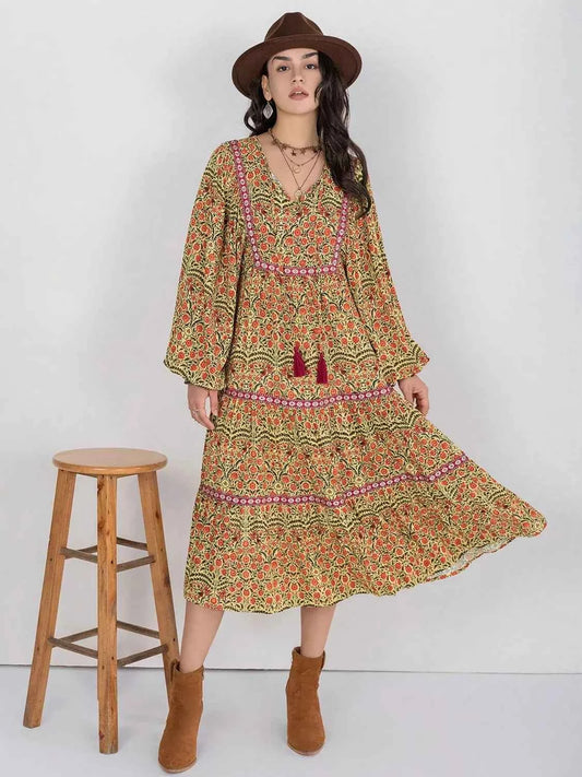 Floral Tiered Midi Dress with Balloon Sleeves