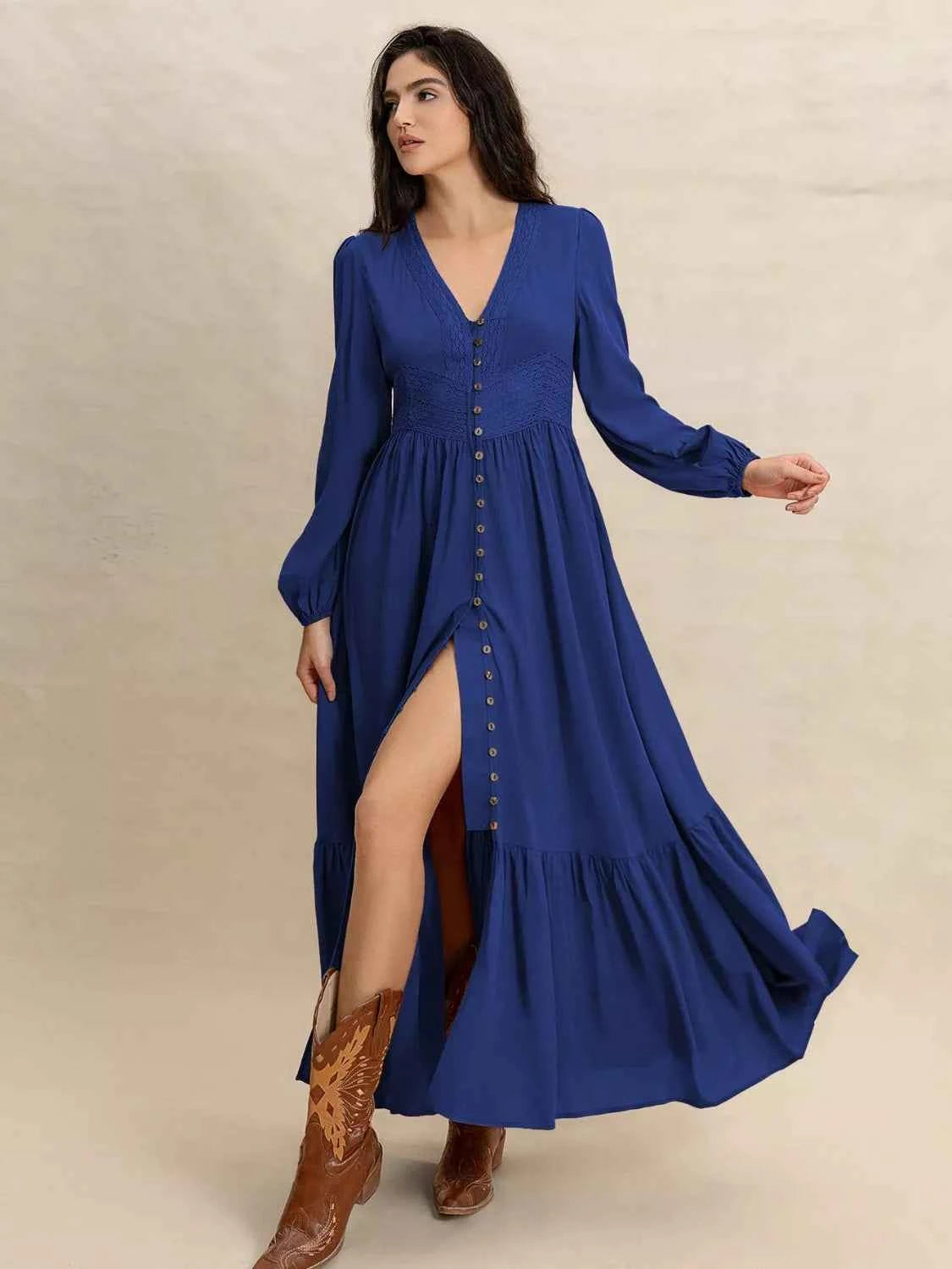 Long Sleeve Button-Front Maxi Dress