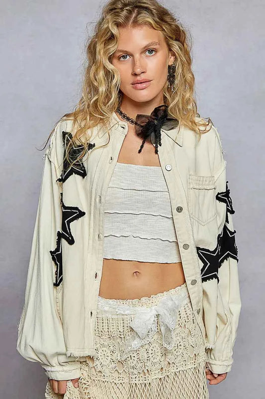 Veste en jean étoile à ourlet brut et poignées boutonnées - DevilShop