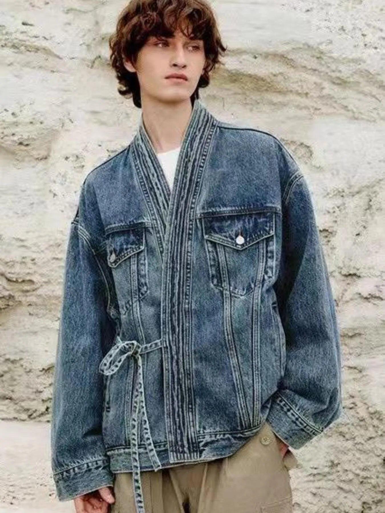 Men's Plus Size Washed Tied Long Sleeve Denim Jacket - DevilShop