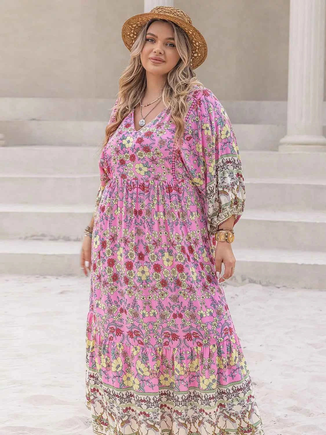 Plus Size Bohemian Floral Print Long Sleeve Midi Dress