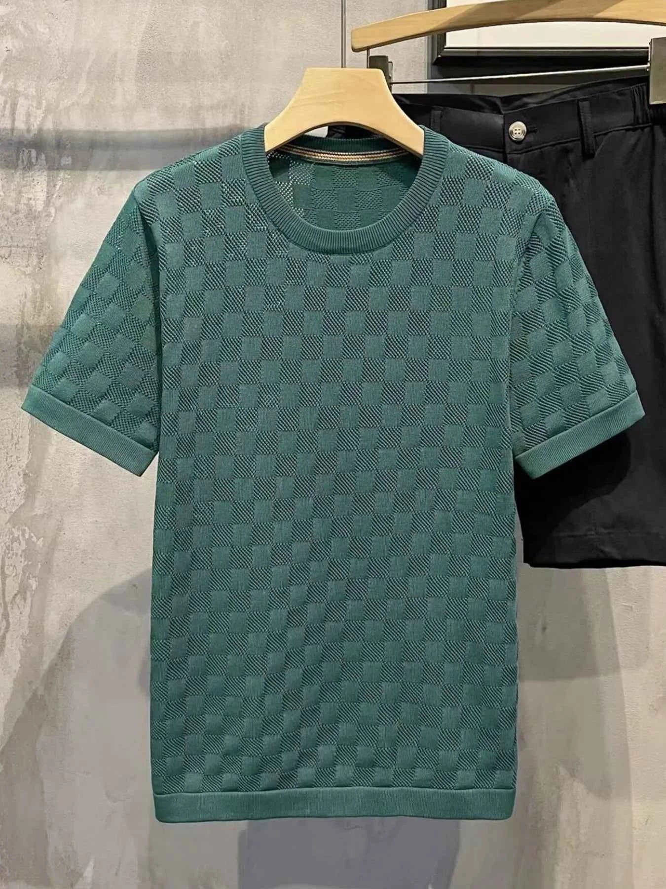 T-shirt à carreaux décontracté, col rond et manches courtes pour un style moderne - DevilShop