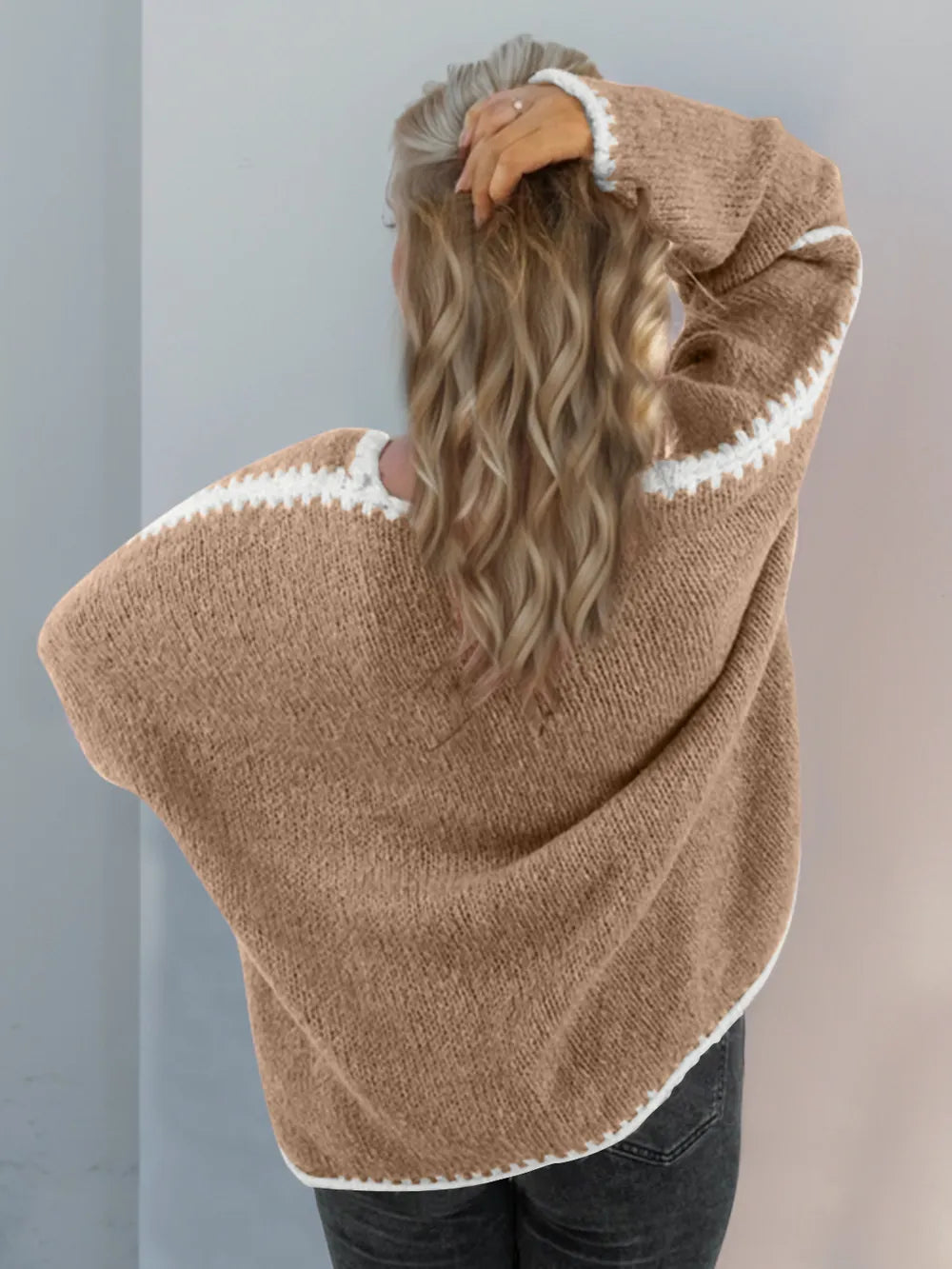 Double Take Contrast Open Front Dropped Shoulder Cardigan - DevilShop