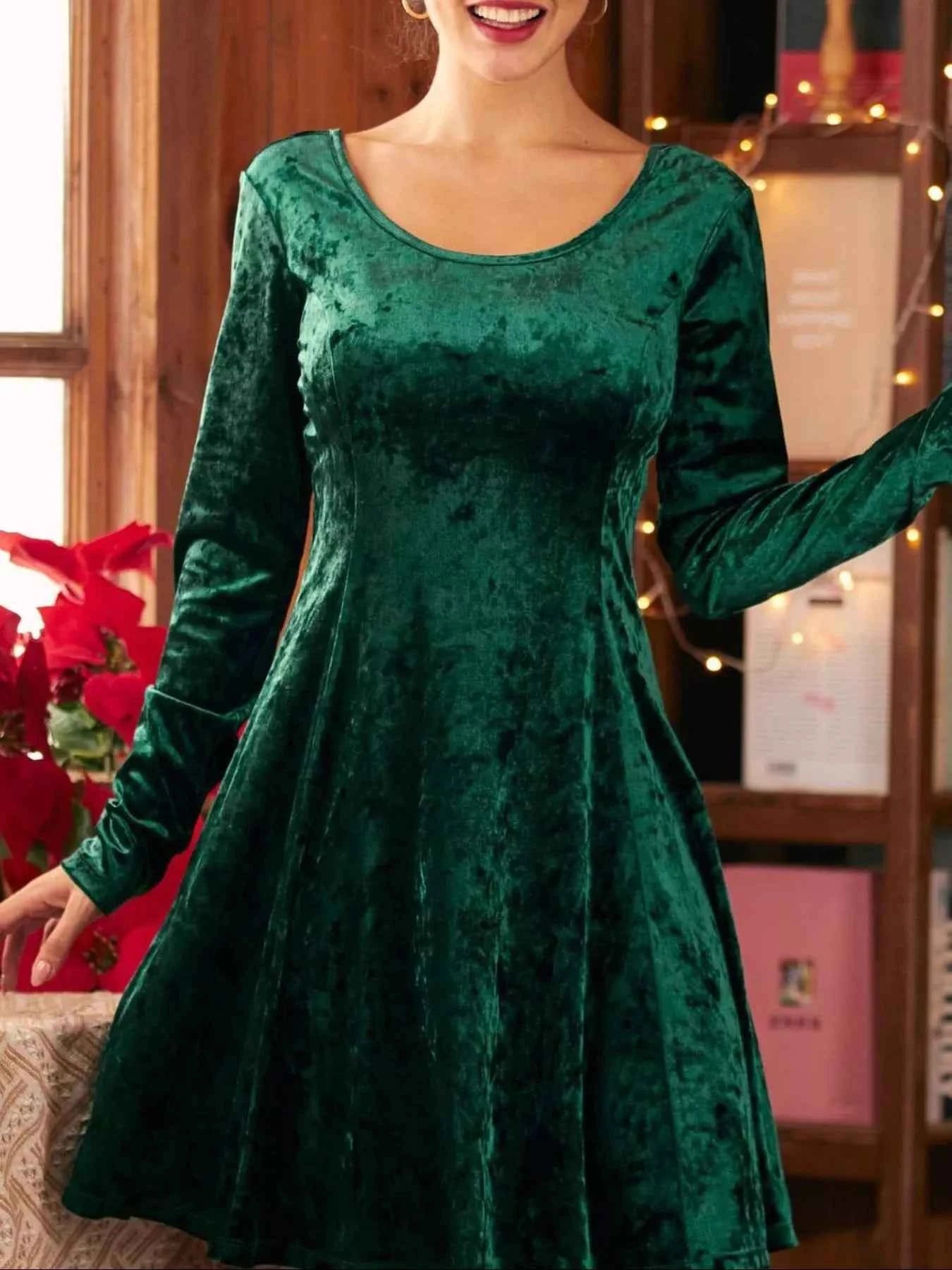 Velvet Round Neck Long Sleeve Dress