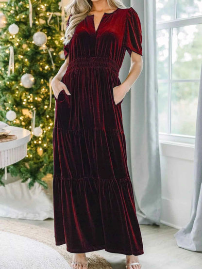Velvet Tiered Short Sleeve Maxi Dress