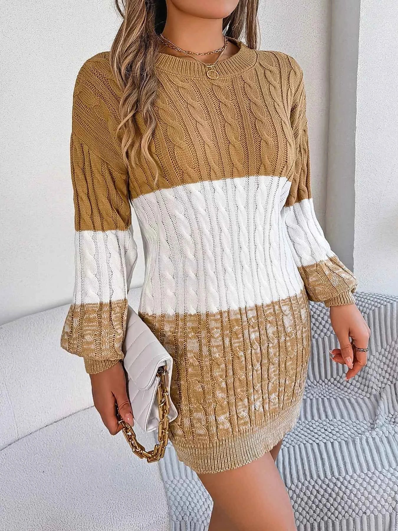 Color Block Cable Knit Sweater Dress with Textured Pattern