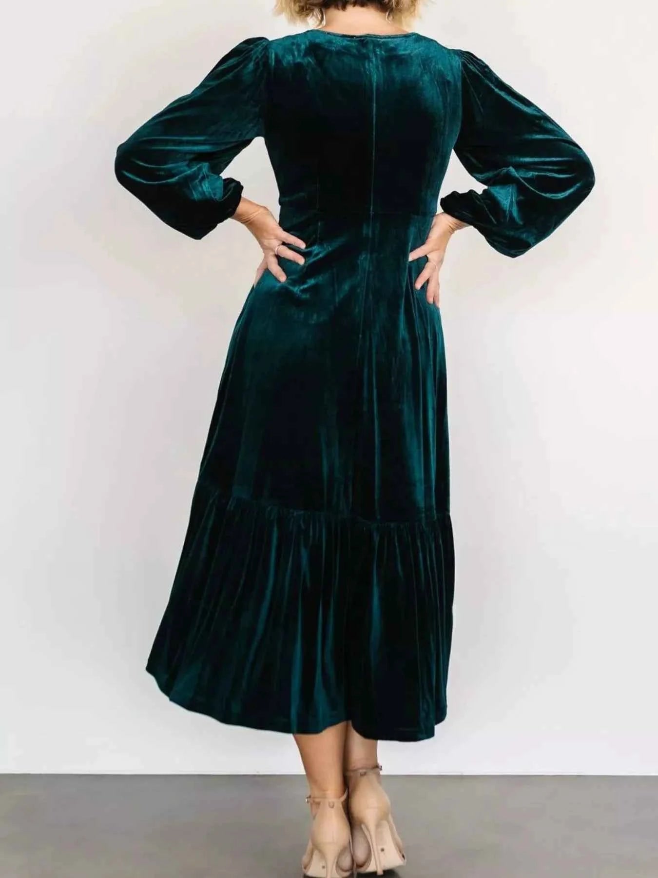 Velvet Tiered Long Sleeve Midi Dress